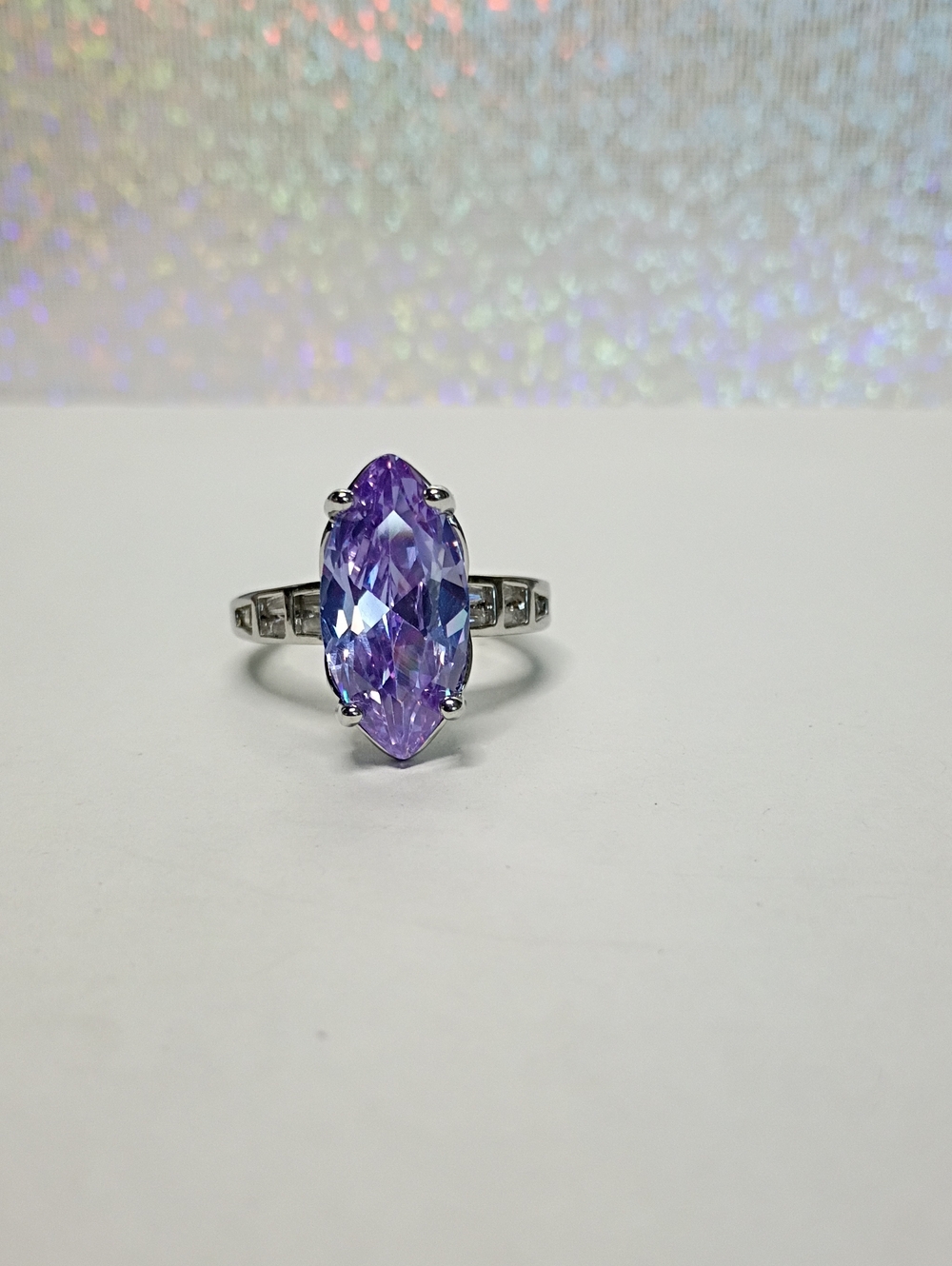 New Silver Tone Marquise Purple Crystal Ring -Adjustable